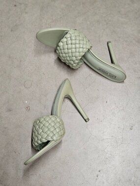 Woven Sage Green High Heel Mules With Padded Straps - Elegant Slip-On Design For